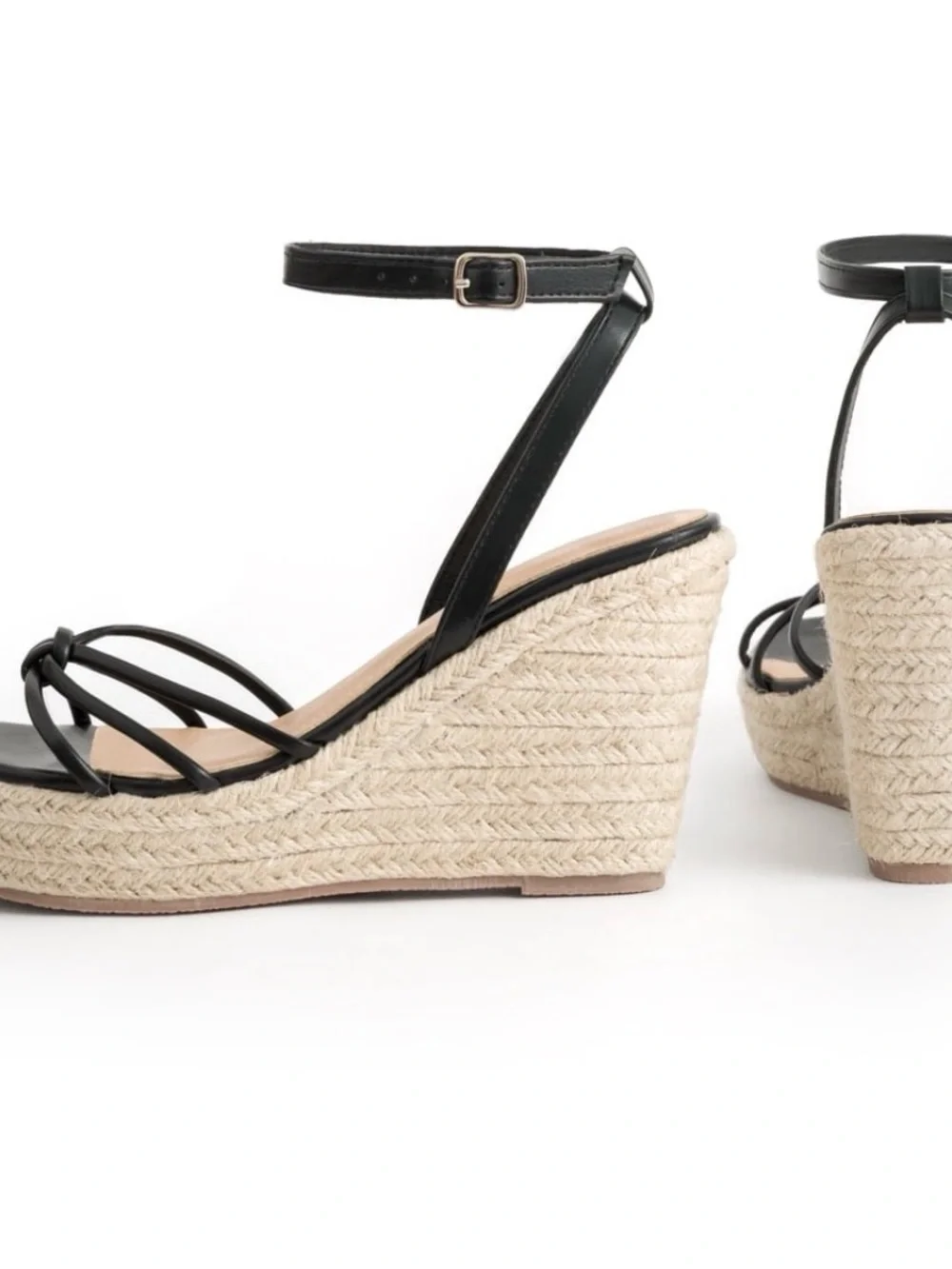 New! Women's Black Strappy Espadrille open-toe adjustable ankle strap wedges 8.5